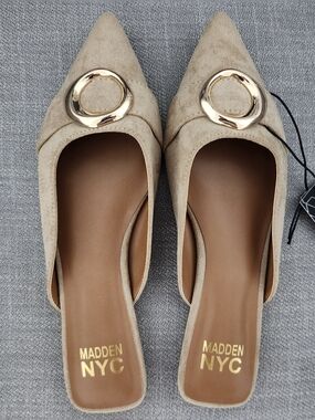 Madden NYC Women's Taupe Suede Pointed Mule with Gold Ring